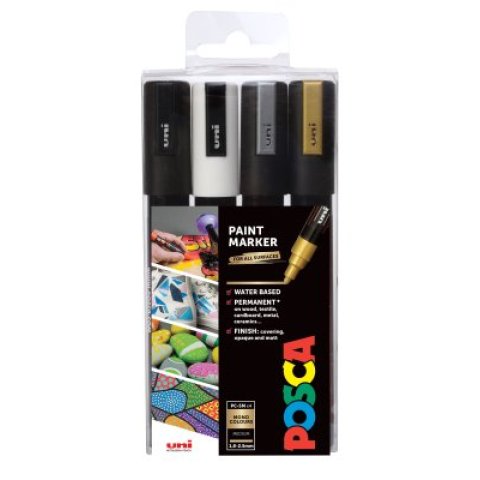 UNI POSCA PAK PC-5M 4/1 CRNI, BIJELI, ZLATNI SREBRNI